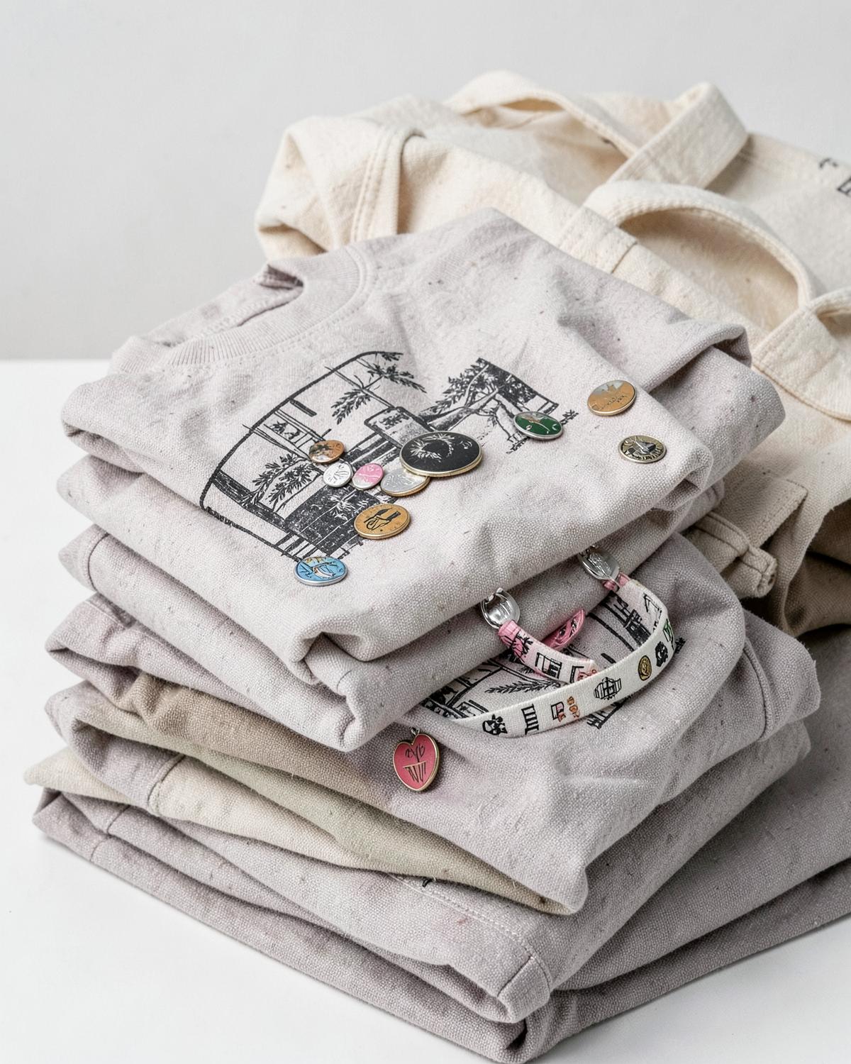 Textil serigrafiado y chapas de un welcome pack